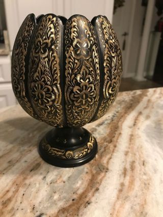 Vintage Vase Etched Black And Brass India With Bidri Nakkashi Work