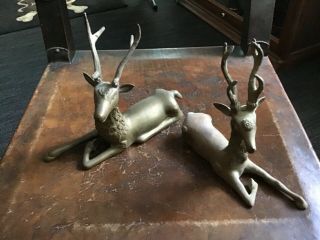 Set Of 2 Vintage Brass Deer / Reindeer / Stag Lying Ornate Handmade In Thailand