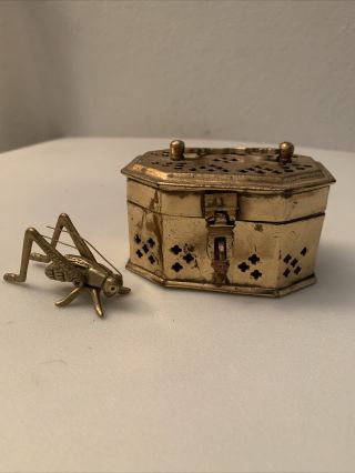 Vintage Brass Grasshopper Cricket Figurine & Brass Cricket Box Cage