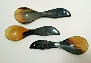 Vintage Hand Carved Tortoise Shell Asian Rice Soup Spoons Fish Motif Set Of 3