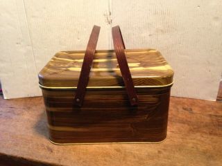 Vintage Decoware Tin Litho Picnic Basket Wood Handles Metal Faux Wood Grain