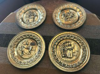 Set Of 4 Vintage Brass Wall Hanging Decor Plates Made In England