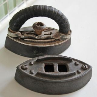 2 Vintage Salesman Sample ? Miniature 4 " Cast Iron Childs Toy Sad Irons & Handle