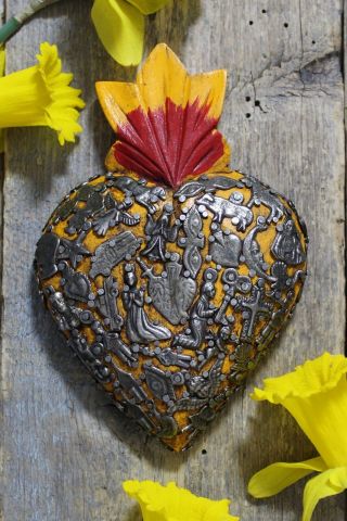 Medium Yellow Sacred Heart Wood With Milagros Miracle Mexican Folk Art Michoacán