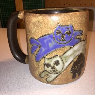 Mara Mexico Signed Five Cats Stoneware Pottery Coffee Mug Cup - Round - Tag