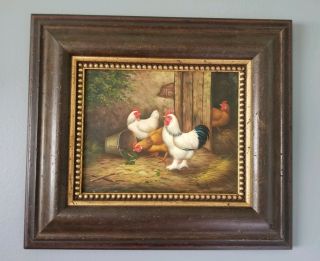 Vintage Painting Acrylic On Panel Board W Farm Chickens Landscape 16.  75 " X 14.  75 "