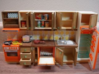 Vintage Lundby Dollhouse Miniatures 4 Piece Kitchen Set With Accessories W/light