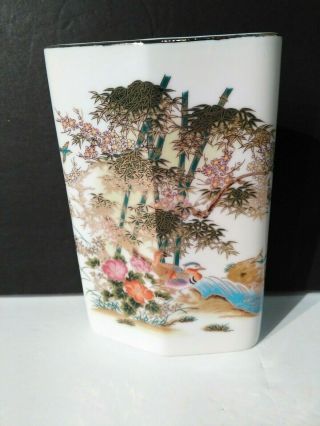 Vintage Japan Ceramic Porcelain Painted Floral Ducks Vase 7 " Tall Diamond Shaped