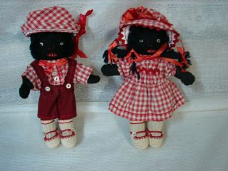 2 Vintage Black Folk Art Americana Rag Doll Primitive 10 " Boy & Girl