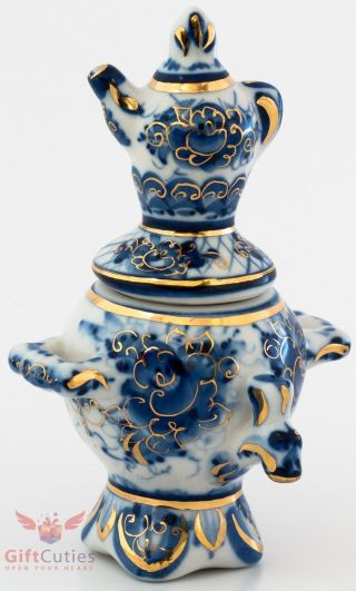 Gzhel Blue White & Gold Porcelain Samovar Teapot Figurine Collectible Souvenir