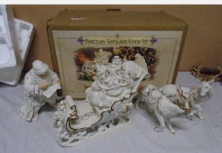 Vintage Grandeur Noel Porcelain Santa And Sleigh Set Reindeer 2001
