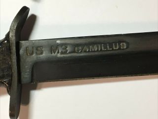 Ww2 Us M3 Fighting Knife Camillus Blade Marked W/usm8 Scabbard B.  M.  Co.