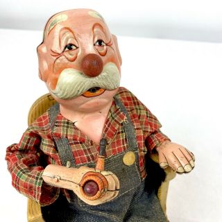Vintage 1950 ' s SAN Japan Battery Operated Smoking Grandpa in Chair Tin Toy 2