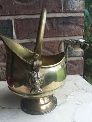 Vintage Brass Scuttle Ash Bucket Pail Lion Head Delft Handle 7 " X 8 " Tall