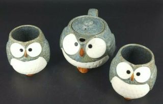 Kotobuki Gray Blue Owl Tea Pot & Lid With 2 Owl Cups Mugs