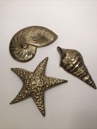 3 Brass Ocean Life Wall Hangable Starfish And Seashells 5 1/2