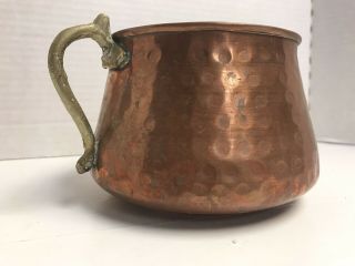 Small Vintage Hand - Hammered Copper Pot Planter Cast Brass Handles Patina 4 "