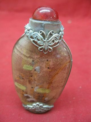 Vintage Chinese Glass Snuff Bottle With Sterling Silver Wraps