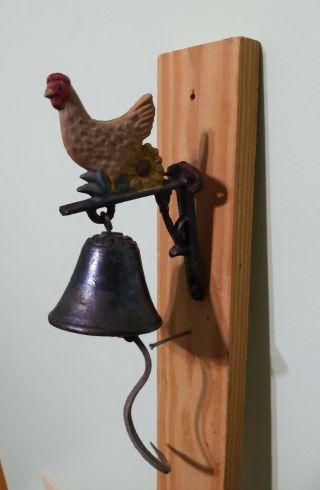 Vintage Cast Iron Dinner Bell With Painted Chicken With Wall Bracket