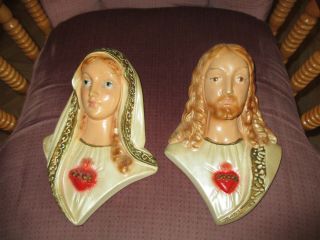Vintage Sacred Heart Of Jesus & Mary Bust Wall Plaques Chalkware 10 " T X 7 " W
