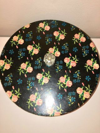 VINTAGE 40 ' S BLACK PINK FLORAL ROSE METAL TIN ROUND CONTAINER BIN LUCITE HANDLE 2