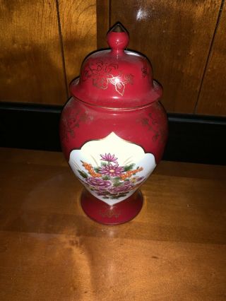 Vintage Japan Porcelain Terracota Red And Gold Ginger Jar Vase With Lid Floral