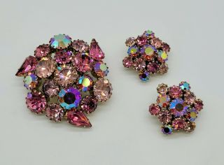 D&e Juliana Vintage Multi Pink Ab Rhinestone Demi Parure Brooch Earrings