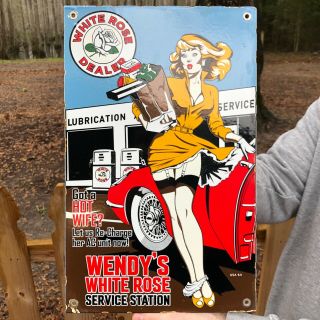 Vintage Porcelain Wendy’s White Rose Service Station Oil Gas Sign