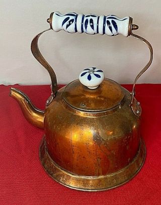 Copper Tea Kettle With Porcelain Handles Blue And White Vintage