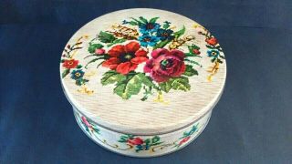 Vintage Needlework Floral Print Pattern Metal Tin Container Large Round Empty10 "