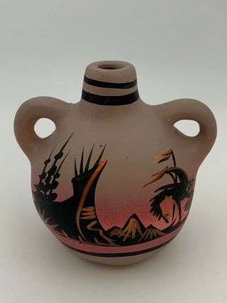 Signed Jay Pottery Native American Small Double Handles Vase Pitcher