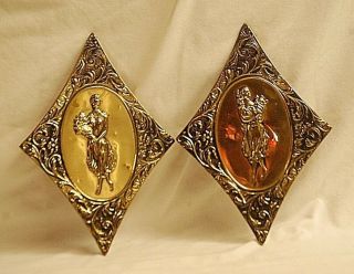 Old Vintage Ornate Brass Wall Art Plaques Women Holding Flowers