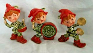 Vintage Christmas Set Of 3 Pixies/elves Playing Musical Instrument 