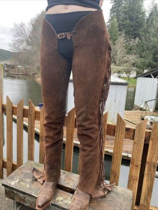 Old Vtg Western Brown Suede Leather Cowboy Chaps W/ Fringe Adjustable Waist