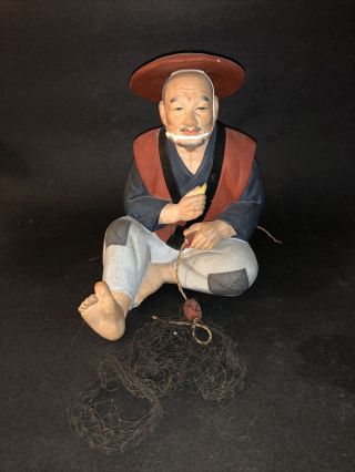 1950s Japan Hakata Urasaki Clay Doll Figurine Man Sitting With Fishing Net