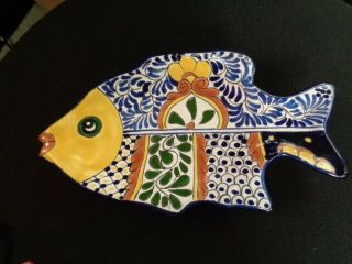 Vintage Fish Mexican Talavera Pottery Hand Painted Wall Art Plate 13 1/2 Inches