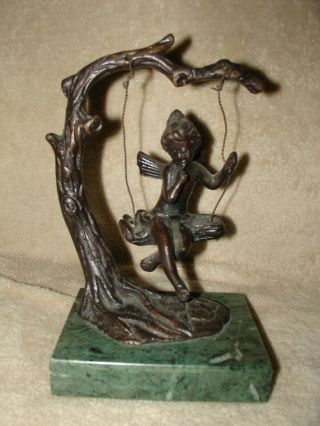 Vintage Bronze Sculpture Girl Cupid On A Tree Swing By A.  Moreau