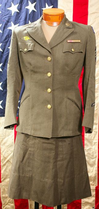 Wwii Wac Od Wool Uniform Jacket Skirt Named Ribbon Bar 7th Service Us Army Woman