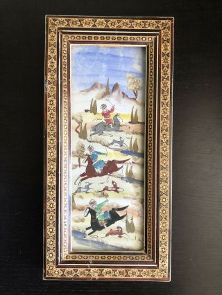 Vtg Antique Persian Painting Khatam Inlay Horses Hunters Art Wooden Frame