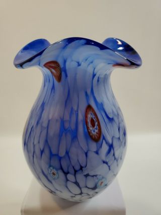 Vintage Murano Art Glass Millefiori Vase Blue Multi Color Heavy