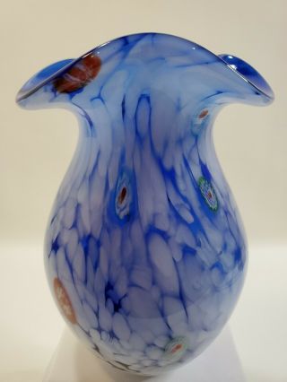 VINTAGE Murano Art Glass Millefiori Vase Blue Multi color Heavy 3