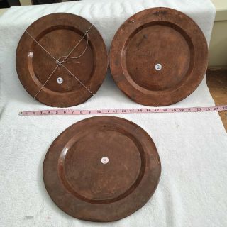 3 Vintage Hand Hammered Solid Copper Plates 11 7/8 " Rolled Edge Artisan Charity