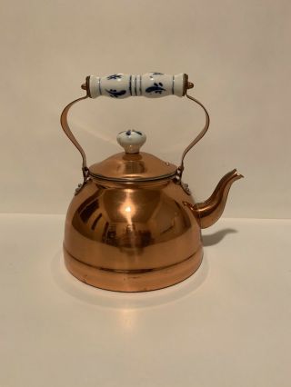 Vintage Tayee Solid Copper Teapot Tea Pot Kettle With Lid & Ceramic Handles