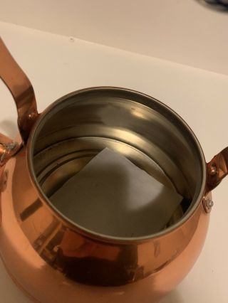 Vintage Tayee Solid Copper Teapot Tea Pot Kettle With Lid & Ceramic Handles 3