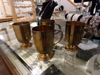 Set Of 4 Vintage Footed Solid Brass Cups With Handles,  Sc India