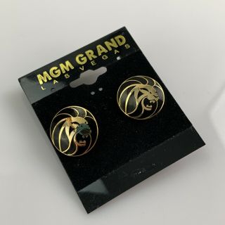 Rare Vintage 90s Mgm Grand Lion Earrings Enameled Pierced Nos Gold & Black