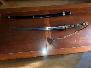 Signed Painted/Engraved WW2 Japanese Sword Samurai Katana w/Scabbard Matching 4
