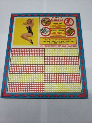 Vintage Pin Up Girl Cigarette Punch Card Game Money Board