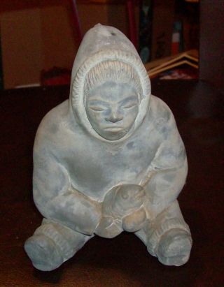 Vintage Carved Stone Figure Inuit Art Canada Eskimo Sitting With Fish - Large