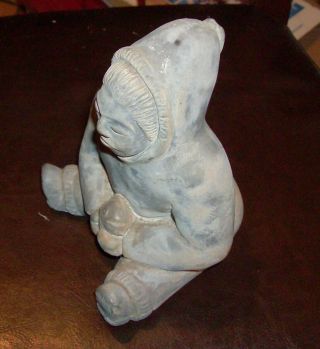 Vintage carved stone figure Inuit art Canada Eskimo Sitting with Fish - Large 3